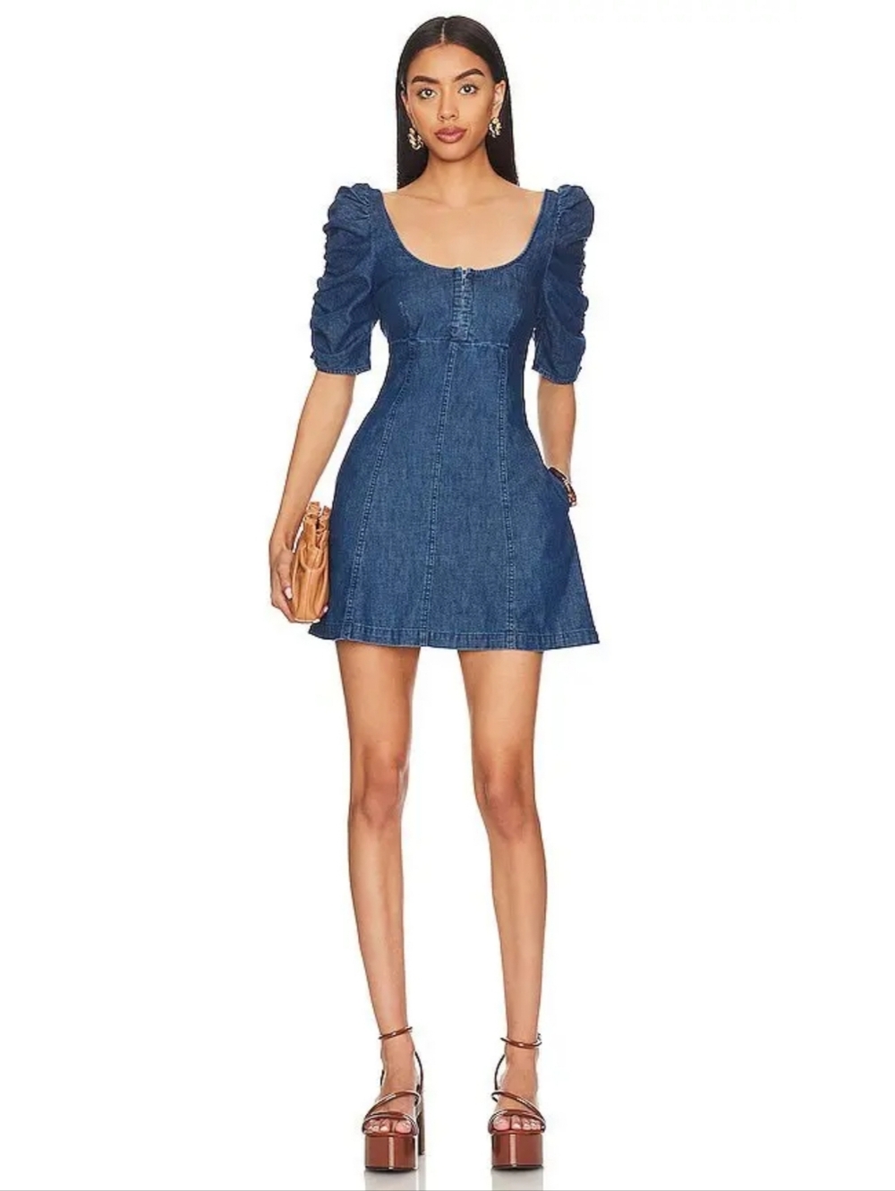 Free‎ People Cheyenne Denim Mini Dress Short Denim Sleeves Front Clasp